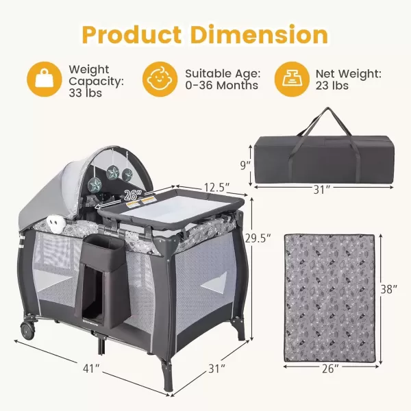imageINFANS 4 in 1 Pack and Play Portable Travel Baby Playard with Bassinet Changing Table Canopy Mosquito Net Hanging Toys Music Box Storage Bag Large Playpen from Newborn to Toddlers GreyGrey