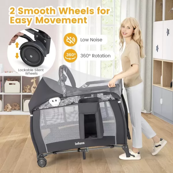 imageINFANS 4 in 1 Pack and Play Portable Travel Baby Playard with Bassinet Changing Table Canopy Mosquito Net Hanging Toys Music Box Storage Bag Large Playpen from Newborn to Toddlers GreyGrey