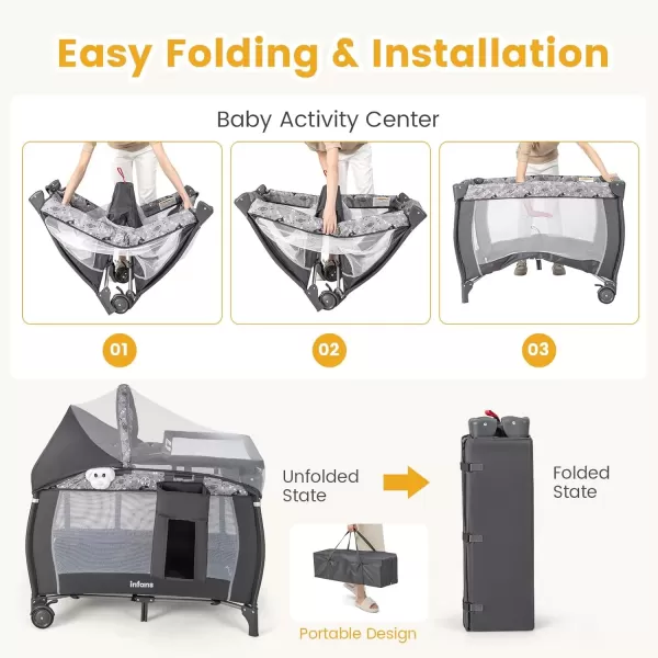 imageINFANS 4 in 1 Pack and Play Portable Travel Baby Playard with Bassinet Changing Table Canopy Mosquito Net Hanging Toys Music Box Storage Bag Large Playpen from Newborn to Toddlers GreyGrey