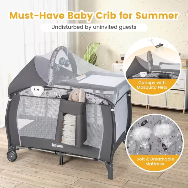 imageINFANS 4 in 1 Pack and Play Portable Travel Baby Playard with Bassinet Changing Table Canopy Mosquito Net Hanging Toys Music Box Storage Bag Large Playpen from Newborn to Toddlers GreyGrey