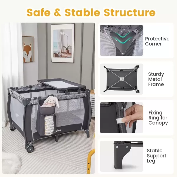 imageINFANS 4 in 1 Pack and Play Portable Travel Baby Playard with Bassinet Changing Table Canopy Mosquito Net Hanging Toys Music Box Storage Bag Large Playpen from Newborn to Toddlers GreyGrey