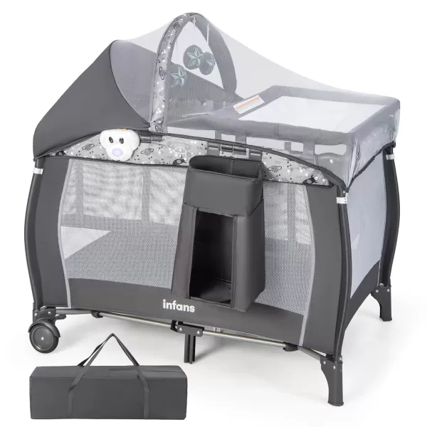 imageINFANS 4 in 1 Pack and Play Portable Travel Baby Playard with Bassinet Changing Table Canopy Mosquito Net Hanging Toys Music Box Storage Bag Large Playpen from Newborn to Toddlers GreyGrey
