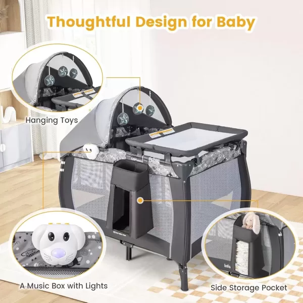 imageINFANS 4 in 1 Pack and Play Portable Travel Baby Playard with Bassinet Changing Table Canopy Mosquito Net Hanging Toys Music Box Storage Bag Large Playpen from Newborn to Toddlers GreyGrey