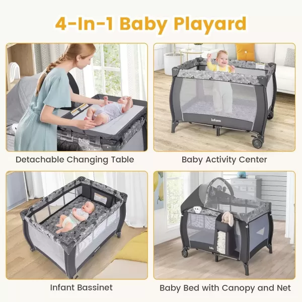 imageINFANS 4 in 1 Pack and Play Portable Travel Baby Playard with Bassinet Changing Table Canopy Mosquito Net Hanging Toys Music Box Storage Bag Large Playpen from Newborn to Toddlers GreyGrey