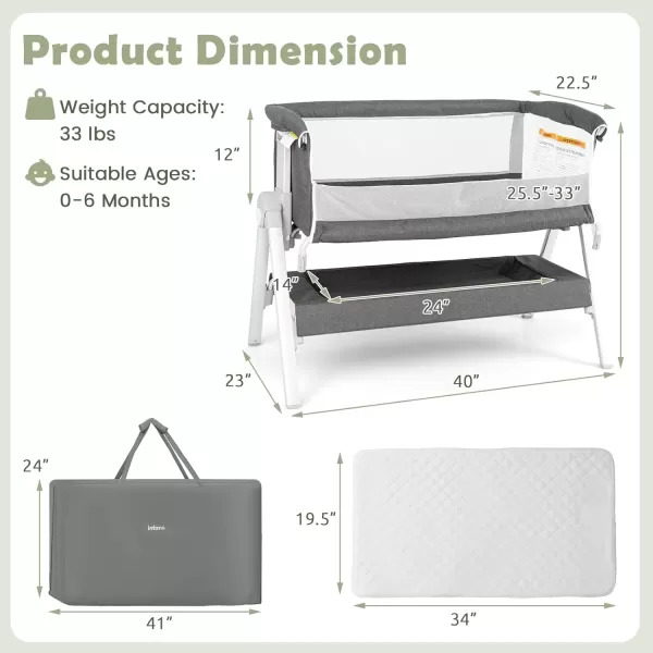 imageINFANS Baby Bassinet Bedside Crib Newborn Sleeper wLarge Storage Basket Adjustable Heights Detachable ampampWashable Mattress Breathable Mesh Straps Easy Moving Bed Side Dark GreyMisty Grey
