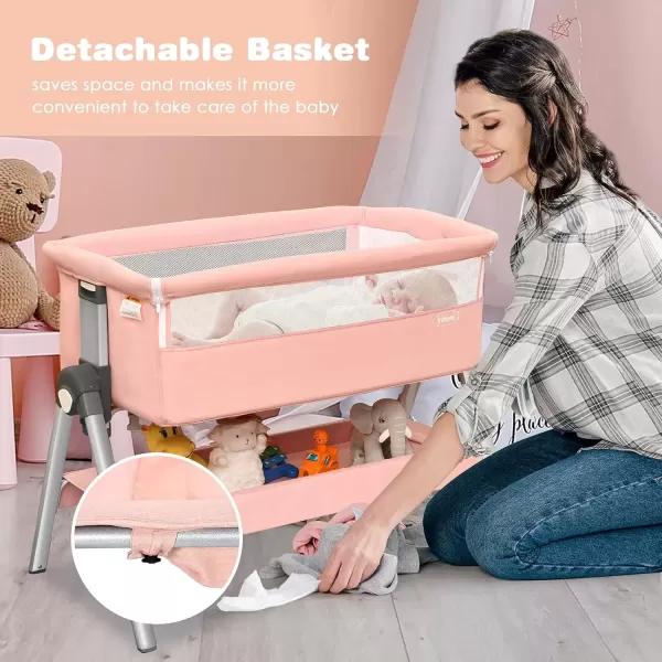 imageINFANS Baby Bassinet Bedside Crib Newborn Sleeper wLarge Storage Basket Adjustable Heights Detachable ampampWashable Mattress Breathable Mesh Straps Easy Moving Bed Side Dark GreyPink