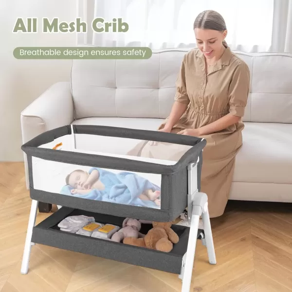 imageINFANS Baby Bassinet Bedside Crib Newborn Sleeper wLarge Storage Basket Adjustable Heights Detachable ampampWashable Mattress Breathable Mesh Straps Easy Moving Bed Side Dark GreyMisty Grey