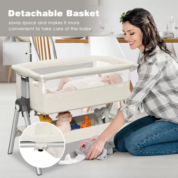 imageINFANS Baby Bassinet Bedside Crib Newborn Sleeper wLarge Storage Basket Adjustable Heights Detachable ampampWashable Mattress Breathable Mesh Straps Easy Moving Bed Side Dark GreyCream