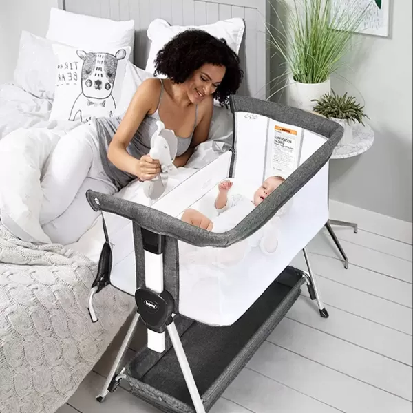 imageINFANS Baby Bassinet Bedside Crib Newborn Sleeper wLarge Storage Basket Adjustable Heights Detachable ampampWashable Mattress Breathable Mesh Straps Easy Moving Bed Side Dark GreyDark Grey