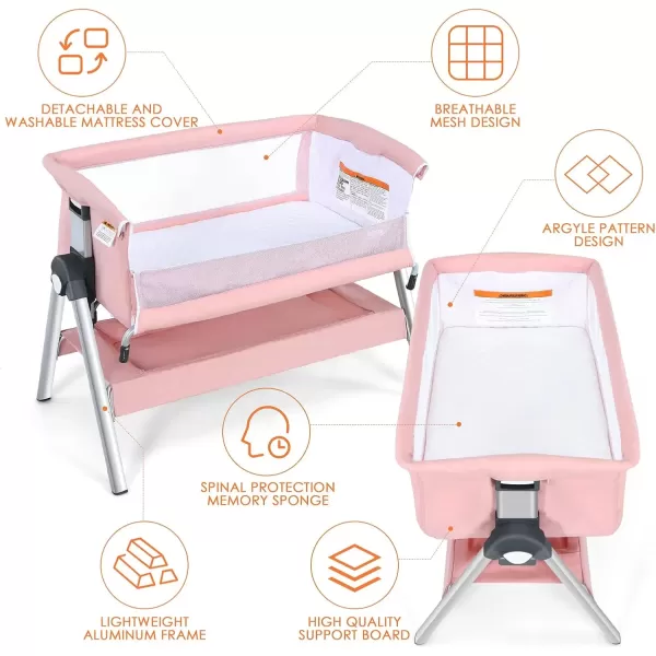 imageINFANS Baby Bassinet Bedside Crib Newborn Sleeper wLarge Storage Basket Adjustable Heights Detachable ampampWashable Mattress Breathable Mesh Straps Easy Moving Bed Side Dark GreyPink