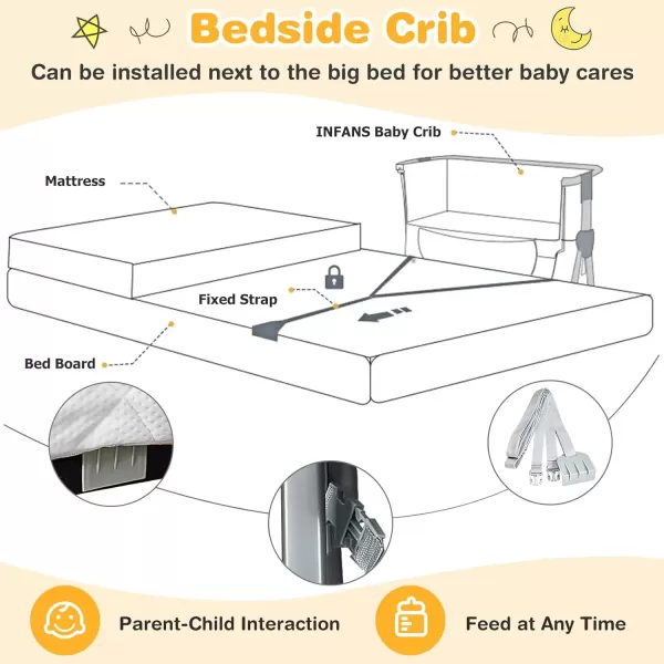 imageINFANS Baby Bassinet Bedside Crib Newborn Sleeper wLarge Storage Basket Adjustable Heights Detachable ampampWashable Mattress Breathable Mesh Straps Easy Moving Bed Side Dark GreyDark Grey