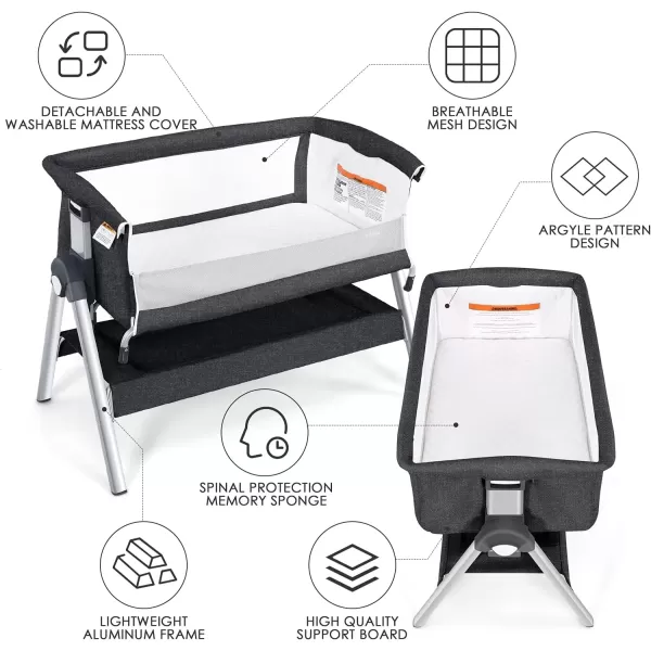 imageINFANS Baby Bassinet Bedside Crib Newborn Sleeper wLarge Storage Basket Adjustable Heights Detachable ampampWashable Mattress Breathable Mesh Straps Easy Moving Bed Side Dark GreyGrey