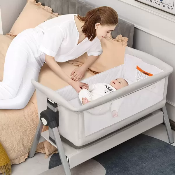 imageINFANS Baby Bassinet Bedside Crib Newborn Sleeper wLarge Storage Basket Adjustable Heights Detachable ampampWashable Mattress Breathable Mesh Straps Easy Moving Bed Side Dark GreyCream