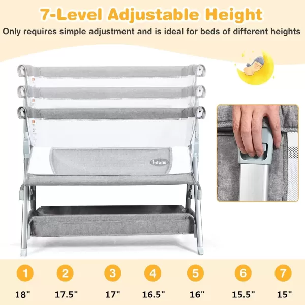 imageINFANS Baby Bassinet Bedside Crib Newborn Sleeper wLarge Storage Basket Adjustable Heights Detachable ampampWashable Mattress Breathable Mesh Straps Easy Moving Bed Side Dark GreyDark Grey