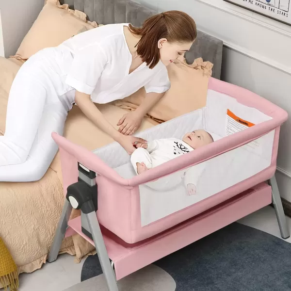 imageINFANS Baby Bassinet Bedside Crib Newborn Sleeper wLarge Storage Basket Adjustable Heights Detachable ampampWashable Mattress Breathable Mesh Straps Easy Moving Bed Side Dark GreyPink