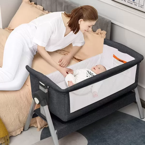 imageINFANS Baby Bassinet Bedside Crib Newborn Sleeper wLarge Storage Basket Adjustable Heights Detachable ampampWashable Mattress Breathable Mesh Straps Easy Moving Bed Side Dark GreyGrey