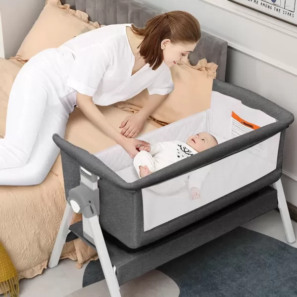 imageINFANS Baby Bassinet Bedside Crib Newborn Sleeper wLarge Storage Basket Adjustable Heights Detachable ampampWashable Mattress Breathable Mesh Straps Easy Moving Bed Side Dark GreyMisty Grey