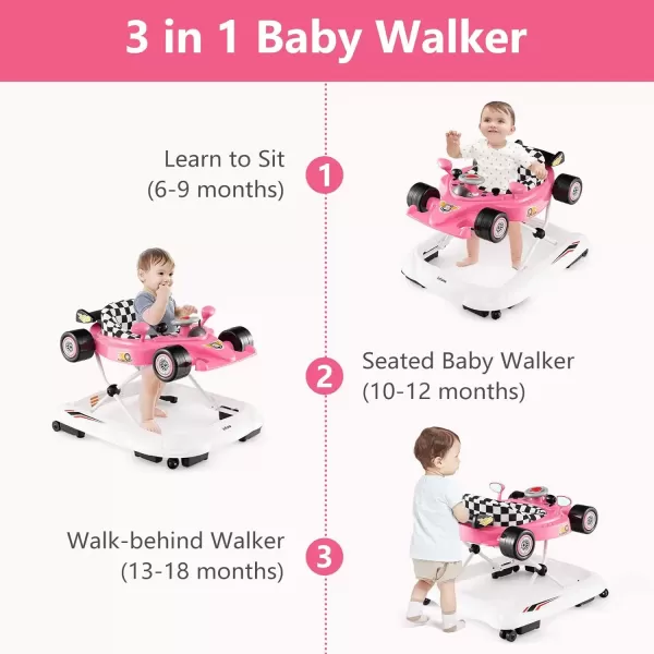 imageINFANS Foldable Baby Walker 3 in 1 Toddler Activity Center LeaningSeated WalkBehind with Steering Wheel Adjustable Height Lights Music Washable Seat Cushion PinkPink