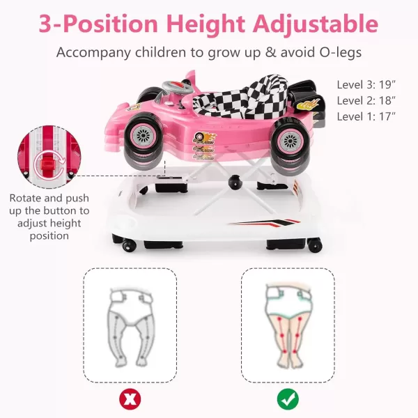 imageINFANS Foldable Baby Walker 3 in 1 Toddler Activity Center LeaningSeated WalkBehind with Steering Wheel Adjustable Height Lights Music Washable Seat Cushion PinkPink