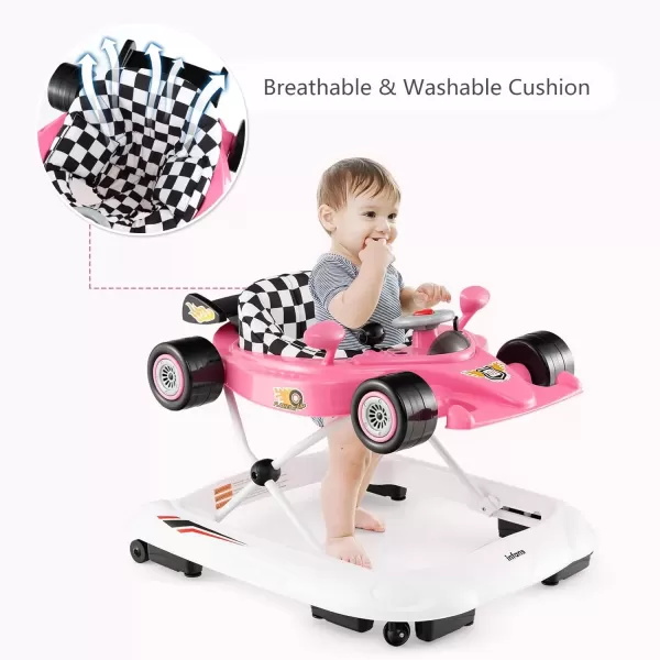 imageINFANS Foldable Baby Walker 3 in 1 Toddler Activity Center LeaningSeated WalkBehind with Steering Wheel Adjustable Height Lights Music Washable Seat Cushion PinkPink