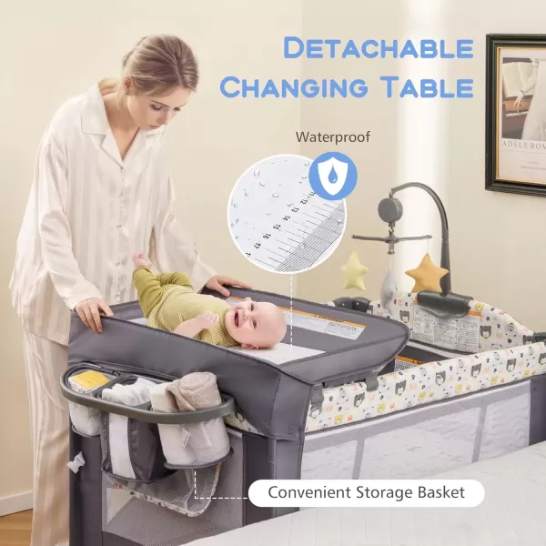 imageINFANS Pack and Play 5 in 1 Baby Bedside Sleeper with Bassinet Diaper Changer Mattress Carry Bag Music Box Hanging Toys Foldable Bedside Crib Portable Playard for Newborn Toddlers BearBear
