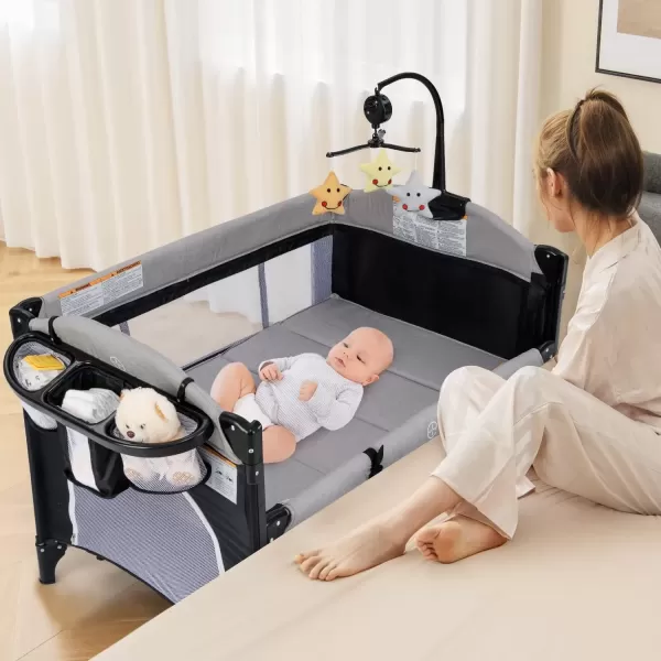imageINFANS Pack and Play 5 in 1 Baby Bedside Sleeper with Bassinet Diaper Changer Mattress Carry Bag Music Box Hanging Toys Foldable Bedside Crib Portable Playard for Newborn Toddlers BearGrey