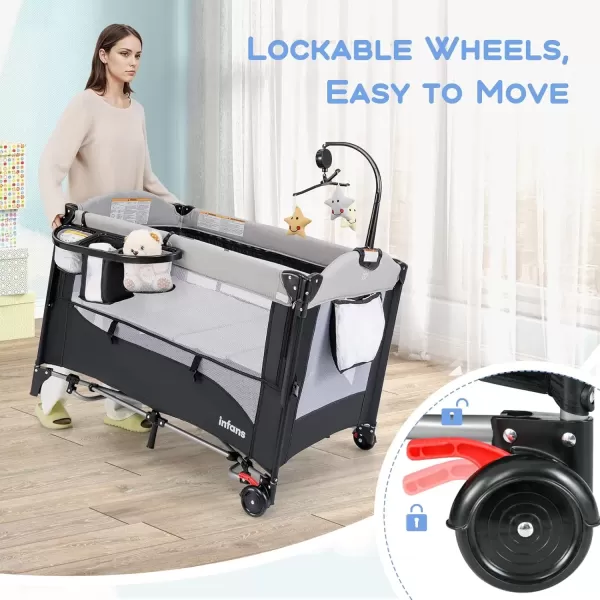 imageINFANS Pack and Play 5 in 1 Baby Bedside Sleeper with Bassinet Diaper Changer Mattress Carry Bag Music Box Hanging Toys Foldable Bedside Crib Portable Playard for Newborn Toddlers BearGrey