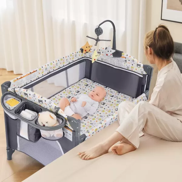 imageINFANS Pack and Play 5 in 1 Baby Bedside Sleeper with Bassinet Diaper Changer Mattress Carry Bag Music Box Hanging Toys Foldable Bedside Crib Portable Playard for Newborn Toddlers BearBear