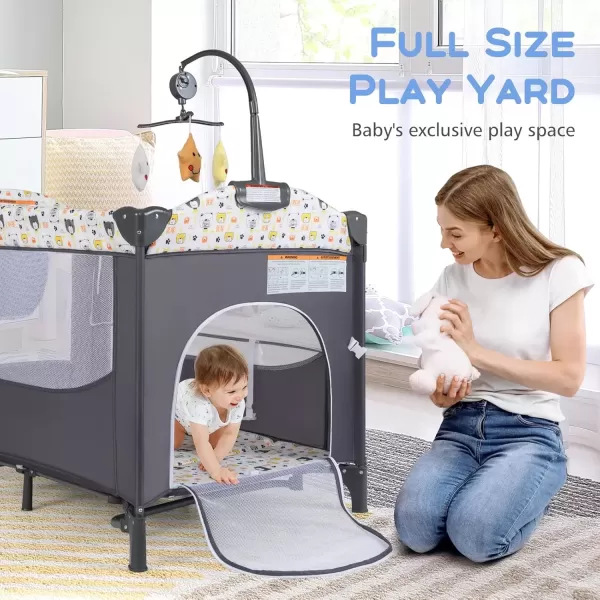 imageINFANS Pack and Play 5 in 1 Baby Bedside Sleeper with Bassinet Diaper Changer Mattress Carry Bag Music Box Hanging Toys Foldable Bedside Crib Portable Playard for Newborn Toddlers BearBear