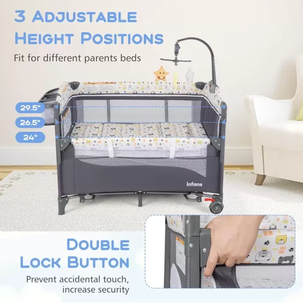 imageINFANS Pack and Play 5 in 1 Baby Bedside Sleeper with Bassinet Diaper Changer Mattress Carry Bag Music Box Hanging Toys Foldable Bedside Crib Portable Playard for Newborn Toddlers BearBear