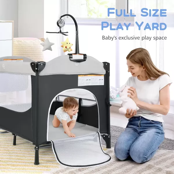 imageINFANS Pack and Play 5 in 1 Baby Bedside Sleeper with Bassinet Diaper Changer Mattress Carry Bag Music Box Hanging Toys Foldable Bedside Crib Portable Playard for Newborn Toddlers BearGrey