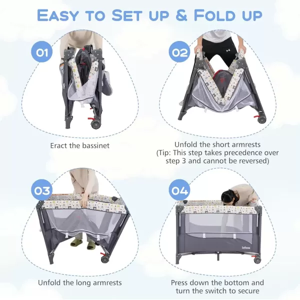 imageINFANS Pack and Play 5 in 1 Baby Bedside Sleeper with Bassinet Diaper Changer Mattress Carry Bag Music Box Hanging Toys Foldable Bedside Crib Portable Playard for Newborn Toddlers BearBear