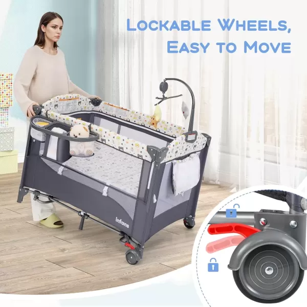 imageINFANS Pack and Play 5 in 1 Baby Bedside Sleeper with Bassinet Diaper Changer Mattress Carry Bag Music Box Hanging Toys Foldable Bedside Crib Portable Playard for Newborn Toddlers BearBear