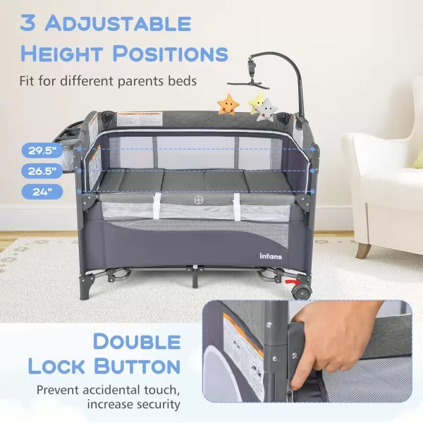 imageINFANS Pack and Play 5 in 1 Baby Bedside Sleeper with Bassinet Diaper Changer Mattress Carry Bag Music Box Hanging Toys Foldable Bedside Crib Portable Playard for Newborn Toddlers BearClassic