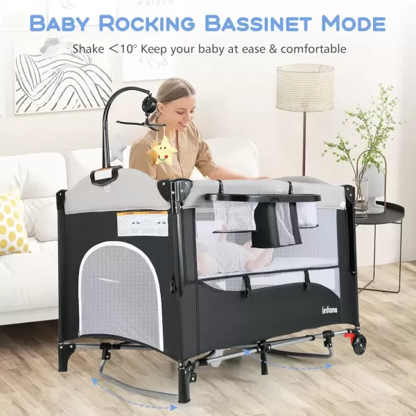 imageINFANS Pack and Play 5 in 1 Baby Bedside Sleeper with Bassinet Diaper Changer Mattress Carry Bag Music Box Hanging Toys Foldable Bedside Crib Portable Playard for Newborn Toddlers BearGrey