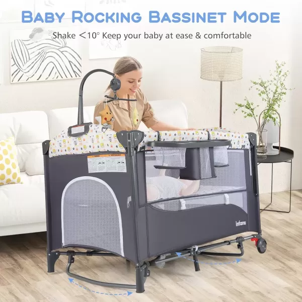 imageINFANS Pack and Play 5 in 1 Baby Bedside Sleeper with Bassinet Diaper Changer Mattress Carry Bag Music Box Hanging Toys Foldable Bedside Crib Portable Playard for Newborn Toddlers BearBear