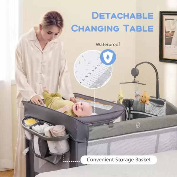 imageINFANS Pack and Play 5 in 1 Baby Bedside Sleeper with Bassinet Diaper Changer Mattress Carry Bag Music Box Hanging Toys Foldable Bedside Crib Portable Playard for Newborn Toddlers BearClassic