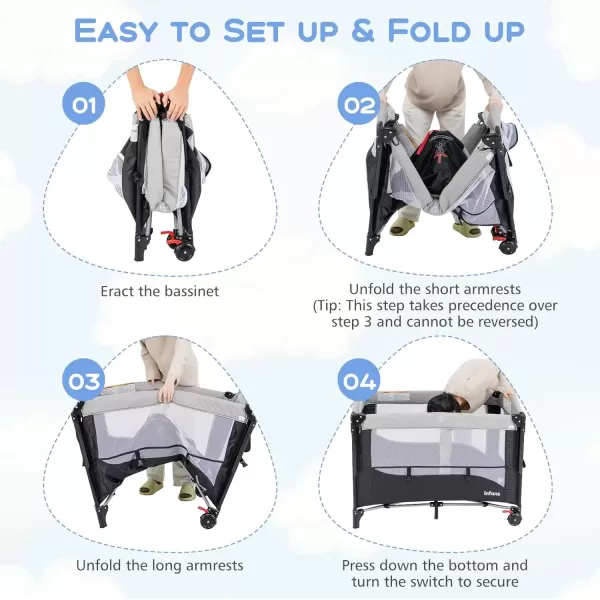 imageINFANS Pack and Play 5 in 1 Baby Bedside Sleeper with Bassinet Diaper Changer Mattress Carry Bag Music Box Hanging Toys Foldable Bedside Crib Portable Playard for Newborn Toddlers BearGrey