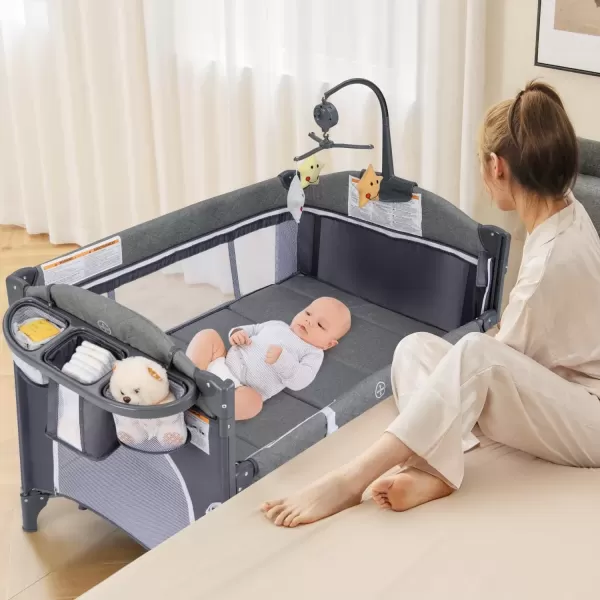 imageINFANS Pack and Play 5 in 1 Baby Bedside Sleeper with Bassinet Diaper Changer Mattress Carry Bag Music Box Hanging Toys Foldable Bedside Crib Portable Playard for Newborn Toddlers BearClassic