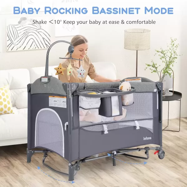 imageINFANS Pack and Play 5 in 1 Baby Bedside Sleeper with Bassinet Diaper Changer Mattress Carry Bag Music Box Hanging Toys Foldable Bedside Crib Portable Playard for Newborn Toddlers BearClassic