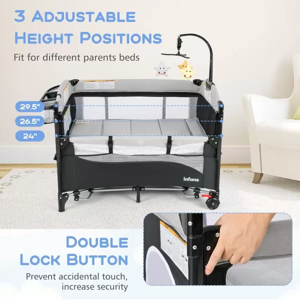 imageINFANS Pack and Play 5 in 1 Baby Bedside Sleeper with Bassinet Diaper Changer Mattress Carry Bag Music Box Hanging Toys Foldable Bedside Crib Portable Playard for Newborn Toddlers BearGrey