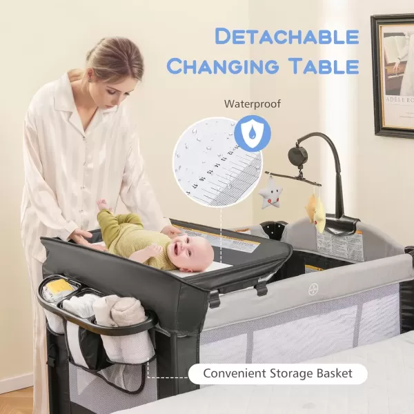 imageINFANS Pack and Play 5 in 1 Baby Bedside Sleeper with Bassinet Diaper Changer Mattress Carry Bag Music Box Hanging Toys Foldable Bedside Crib Portable Playard for Newborn Toddlers BearGrey