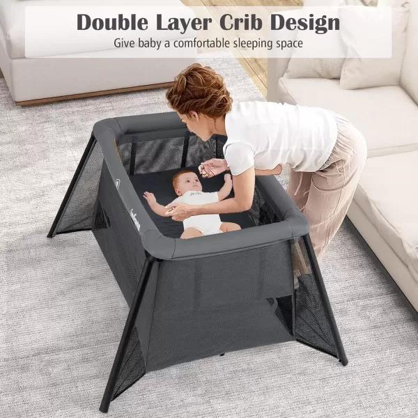 imageINFANS Travel Crib Portable Baby Playpen with Removable Bassinet Soft Mattress Carry Bag Foldable Lightweight Playard Nursery Center for Newborns Toddlers Light GrayDark Gray