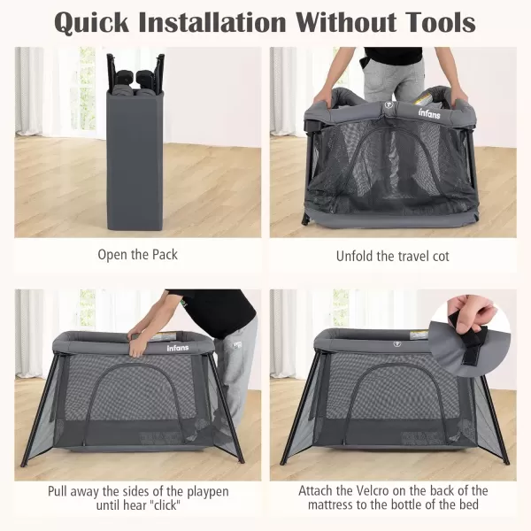 imageINFANS Travel Crib Portable Baby Playpen with Removable Bassinet Soft Mattress Carry Bag Foldable Lightweight Playard Nursery Center for Newborns Toddlers Light GrayDark Gray