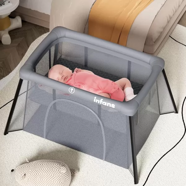 imageINFANS Travel Crib Portable Baby Playpen with Removable Bassinet Soft Mattress Carry Bag Foldable Lightweight Playard Nursery Center for Newborns Toddlers Light GrayDark Gray