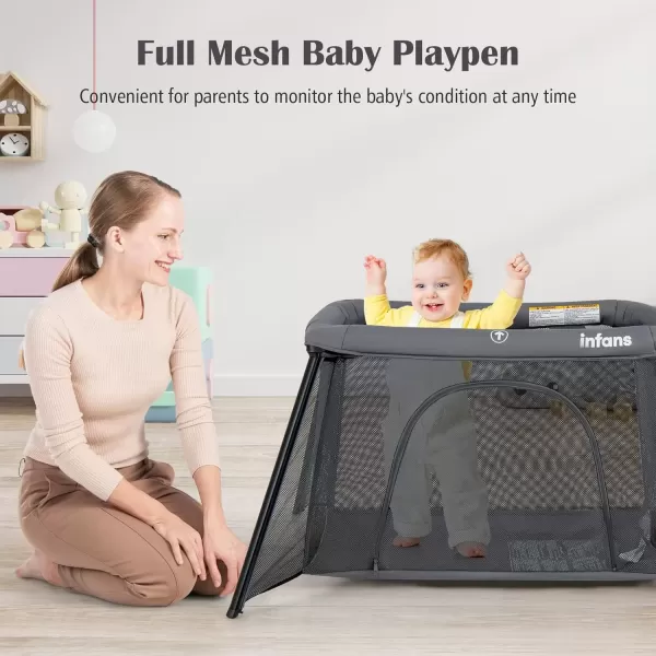 imageINFANS Travel Crib Portable Baby Playpen with Removable Bassinet Soft Mattress Carry Bag Foldable Lightweight Playard Nursery Center for Newborns Toddlers Light GrayDark Gray