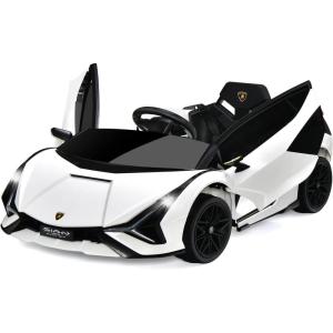imageINFANS 12V Licensed Lamborghini Sian Kids Ride On Car with Parent Remote Control Spring Suspension MP3 Player Electric Toy Roadster Carbon Fiber Textured for Toddler RedWhite