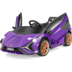 imageINFANS 12V Licensed Lamborghini Sian Kids Ride On Car with Parent Remote Control Spring Suspension MP3 Player Electric Toy Roadster Carbon Fiber Textured for Toddler RedPurple