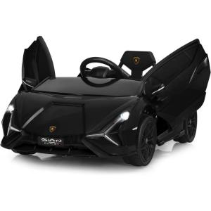 imageINFANS 12V Licensed Lamborghini Sian Kids Ride On Car with Parent Remote Control Spring Suspension MP3 Player Electric Toy Roadster Carbon Fiber Textured for Toddler RedBlack