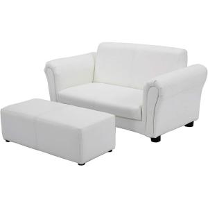 imageINFANS 2 Seat Children Sofa Upholstered Couch with Footstool Sturdy Wood Construction Armrest Couch for Preschool Children Boys Girls Kid Couch Lounge Bed with Ottoman PinkWhite